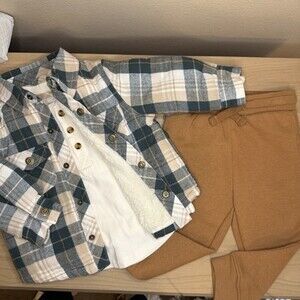 NWOT 3 Piece Tommy Bahamas Boys Coat/ Shirt/Jogger 9-12Mo Tan Green Blue Plaid